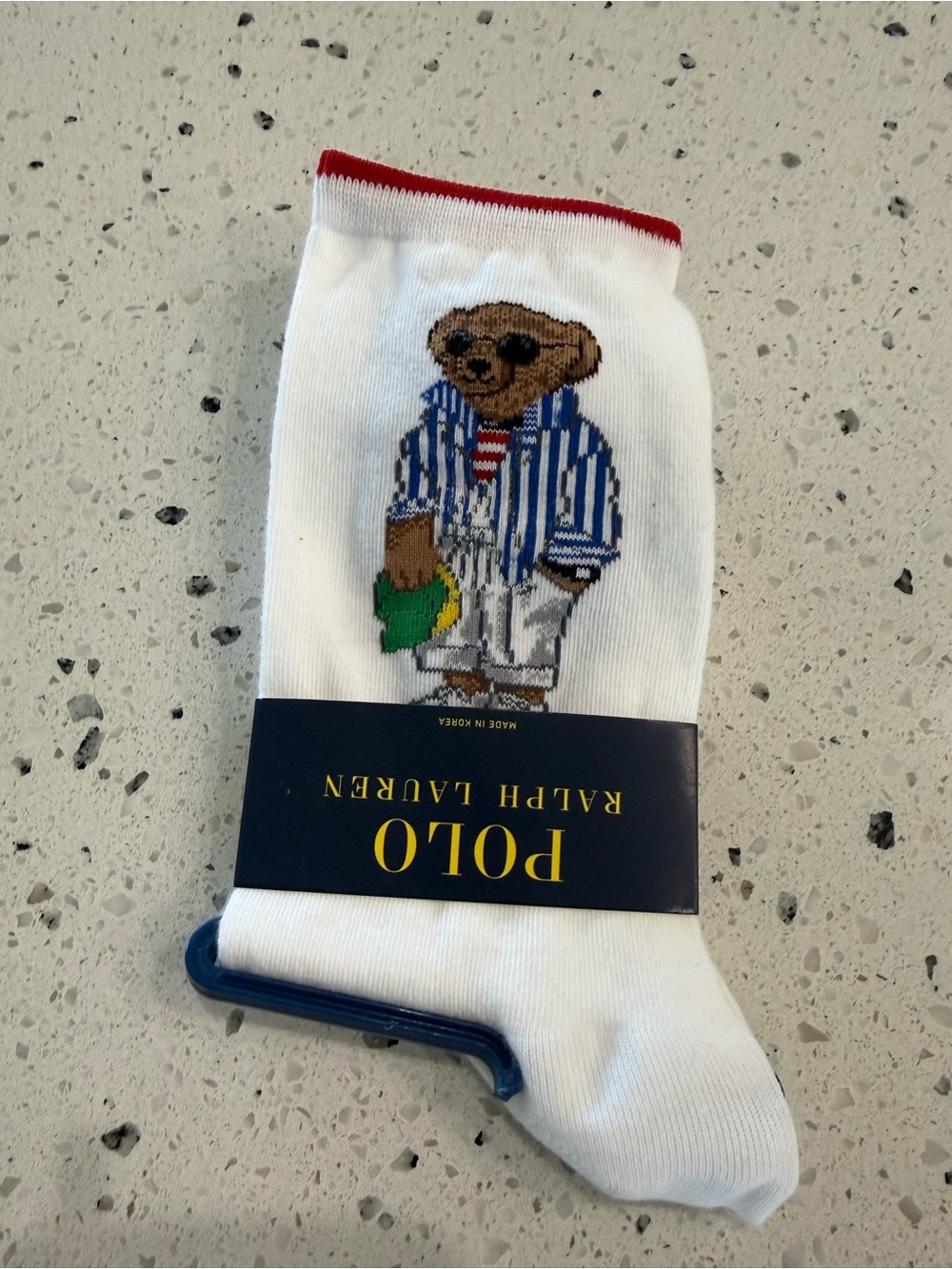New womens Polo by Ralph Lauren White Crew Socks with Bear and Red Cuff